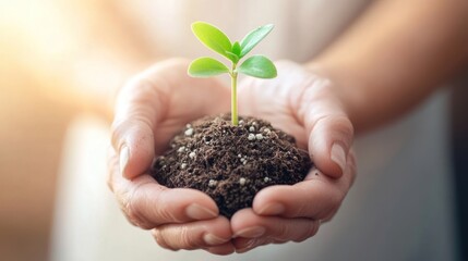 A person holding a small plant in soil, symbolizing growth and environmental care.