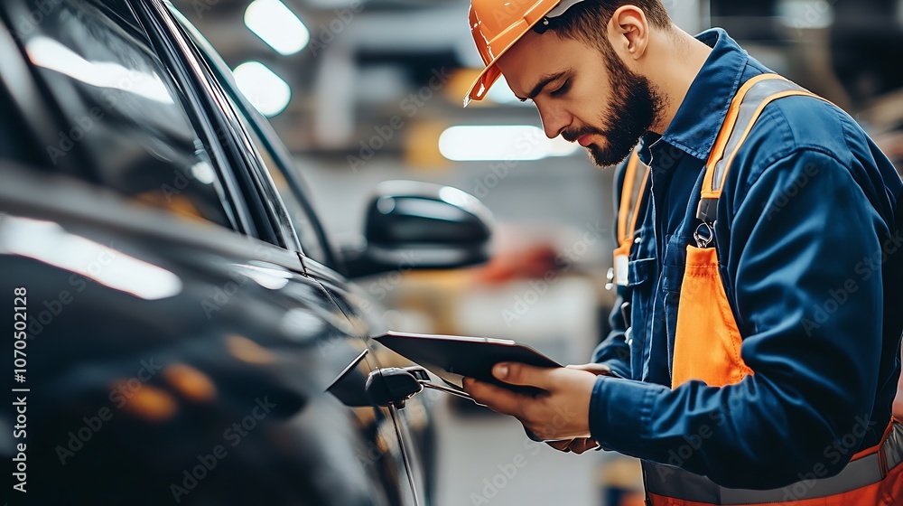 Poster Auto Mechanic in Workshop Using Digital Device for Vehicle Inspection : Generative AI