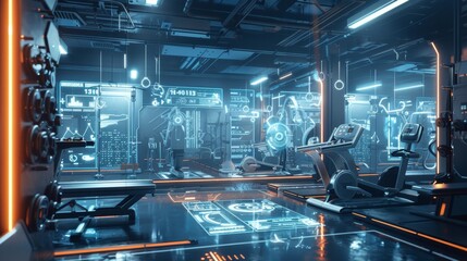 Modern gym featuring AI personal trainers, advanced workout equipment, and high-tech tracking systems for a futuristic fitness experience