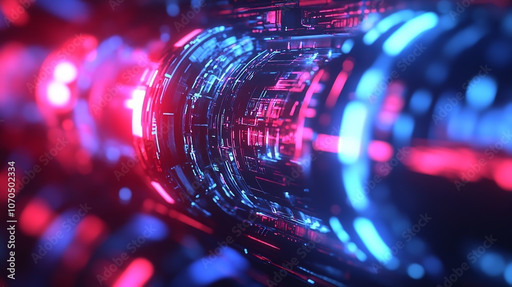 Poster futuristic neon circuit board with glowing red and blue light effects : generative ai