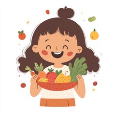 A happy child eating colorful fruits and vegetables, cheerful and simple cartoon style