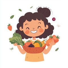 A happy child eating colorful fruits and vegetables, cheerful and simple cartoon style