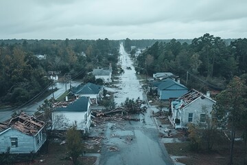 Devastation in a small town after a severe storm leaves homes damaged and streets flooded during an overcast day. Generative AI