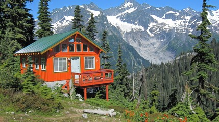 A vibrant orange cabin nestled among towering pine trees, surrounded by majestic mountains and clear blue skies.