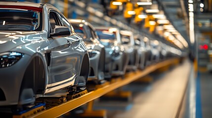 Naklejka premium High-Tech Automotive Assembly Line with Luxury Cars in Modern Factory Setting : Generative AI