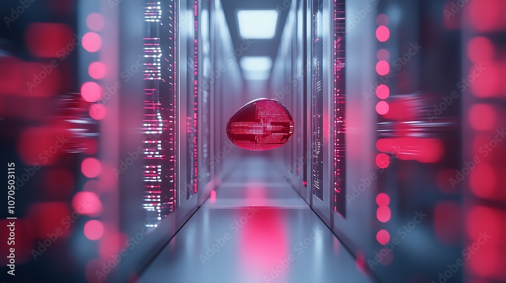 Poster Red Digital Sphere Floating in a Modern Data Center Aisle : Generative AI