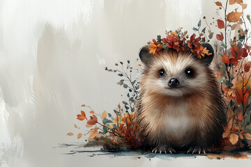 Adorable hedgehog with tiny flower crown surrounded by autumn leaves, evoking sense of whimsy and charm. Perfect for nature lovers and animal enthusiasts