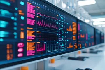 Obraz premium A digital screen showing a time-series analysis of drug efficacy, with graphs and dynamic changes in cellular activity visualized in a sleek, futuristic laboratory.