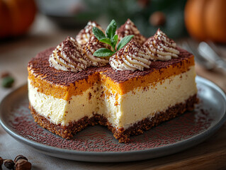 Delicious chocolate pumpkin cheesecake served in a large plate and placed on the table.
