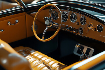 Vintage Car Interior with Tan Leather Seats and Chrome Steering Wheel