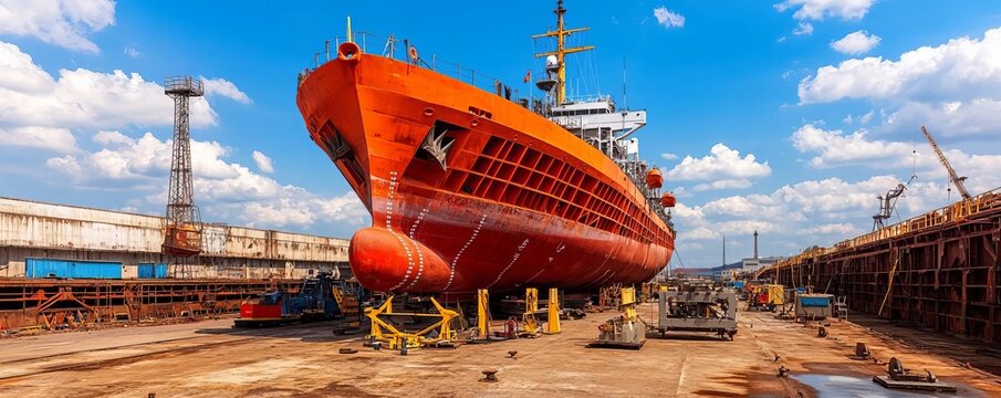 Expansive dry dock with ship under maintenance, hull exposed and structured, organized tools and equipment, bright sky, clean industrial scene