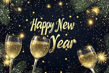 Happy New Year 2025 and champagne glasses on a black background, fireworks in the sky, glittering stars, green pine branches with lights, New Year greeting card