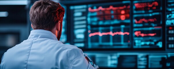 An AI-powered drug discovery process, with digital interfaces showing chemical formula simulations, robotic lab assistants, and a scientist reviewing data on a transparent touch screen.