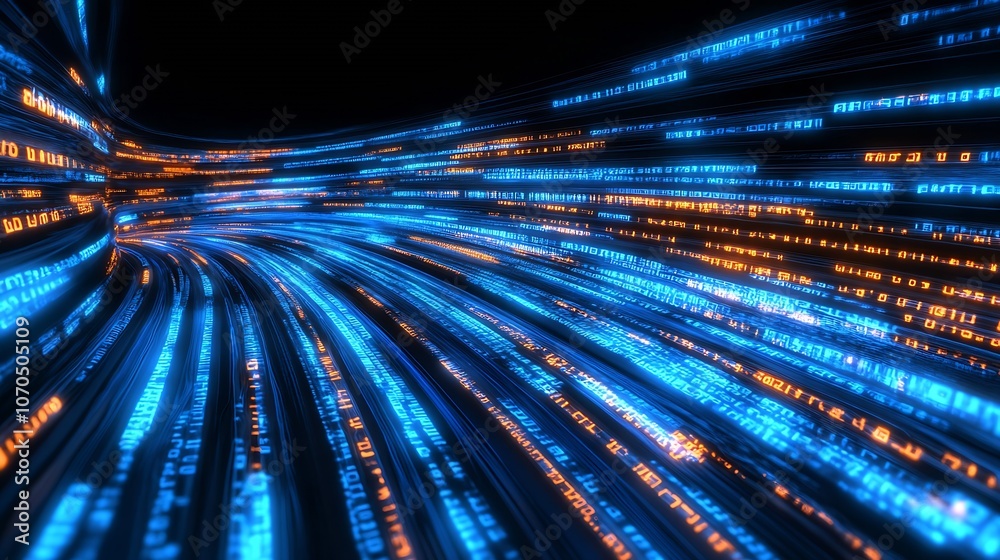 Aufkleber Flowing Blue and Orange Digital Streams Representing High-Tech Data Movement : Generative AI
