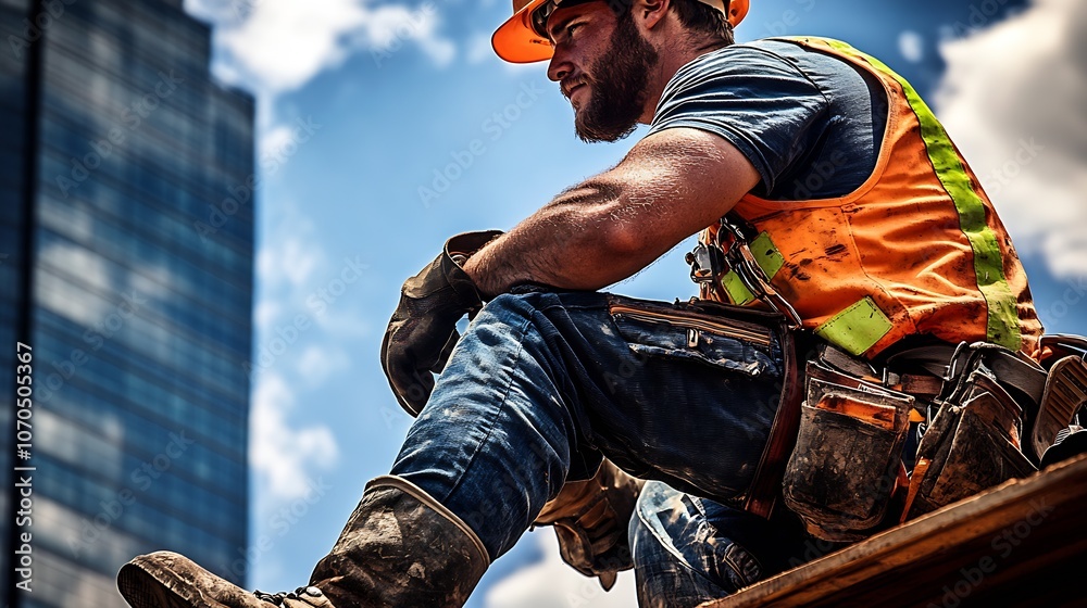 Poster skilled construction worker taking a break on building roof at construction project : generative ai