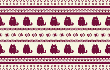 Cat pattern. Seamless. White stripes, colorful background. Ethnicity. Floral patterns, printed fabrics, pants, Lanna.	