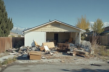 Abandoned house with a cluttered yard full of furniture and debris in a suburban neighborhood during daylight. Generative AI