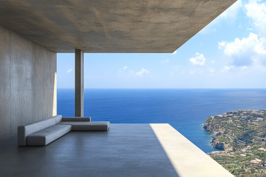 Modern minimalist terrace overlooking a breathtaking coastal view in a tranquil coastal setting