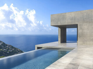 Modern architecture with infinity pool overlooking the ocean at a sunny coastal location