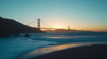 Fototapeta premium Golden Gate Bridge at Sunset with Calming Ocean Waves and a Vibrant Skyline : Generative AI