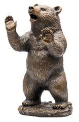 Fototapeta premium A bronze bear statue is standing on a white background. The bear is holding its paw up and making a gesture as if it is trying to communicate. The statue has a sense of curiosity and playfulness