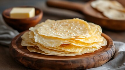 A warm, soft Puran Poli served on a plate with a dollop of melted ghee on top, adding a rich, glossy finish. The scene is simple and cozy, with the ghee glistening under soft, warm lighting.