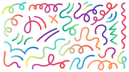 Colorful gradient shapes set. Wavy lines in bright colors. Gradient waves, colorful fluid spirals. Vector