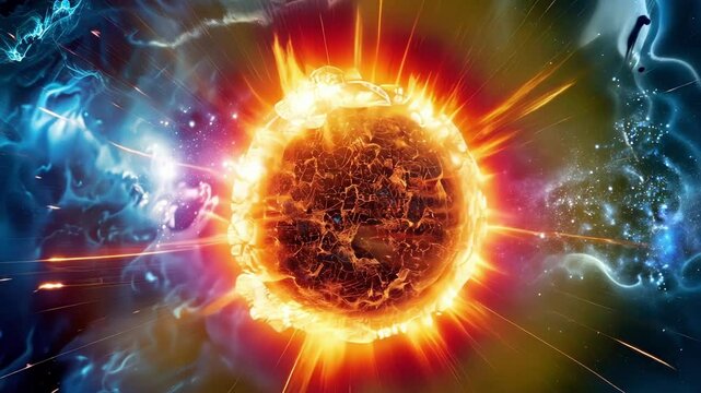 A burst of color and energy emerging from the intense collision of subatomic particles.