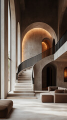 Fototapeta premium Impressive interior of a luxury house with a designer curved staircase.