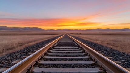 Fototapeta premium Serene Train Track and Rural Road Under a Vibrant Sunset - Captivating Landscape of Openness and Peace with Dramatic Colors Reflecting on the Plains