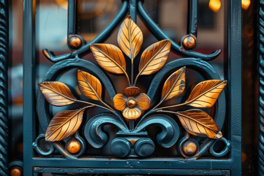 Ornate wrought iron gate adorned with intricate golden leaf and flower motifs, showcasing exceptional craftsmanship in a historic urban setting during golden hour