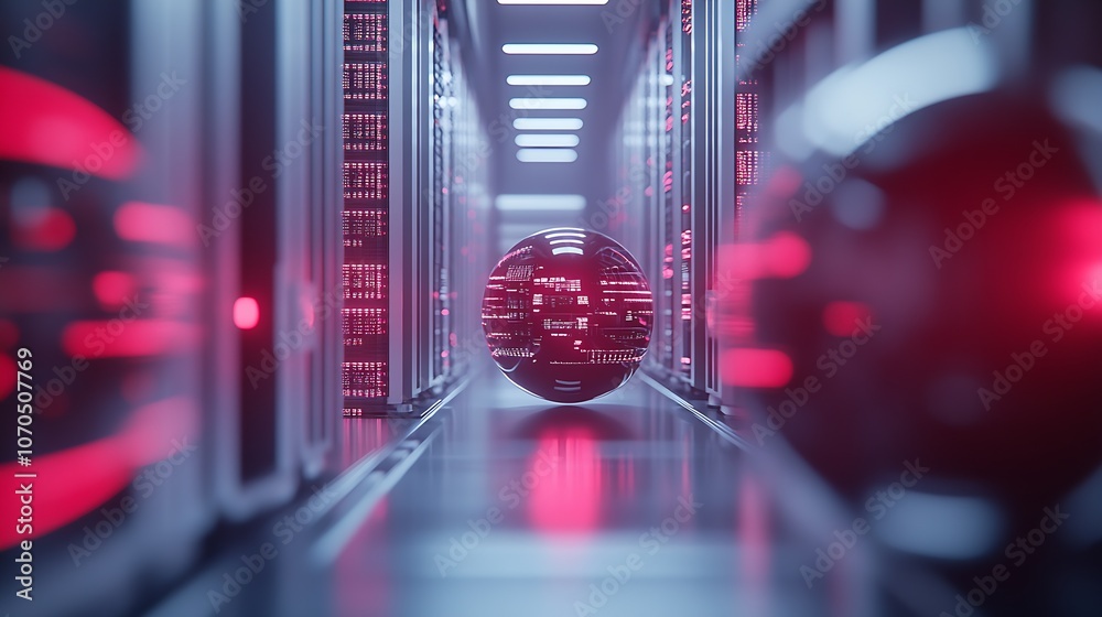 Poster Modern Data Center with Red Digital Sphere Highlighting Technological Advances : Generative AI
