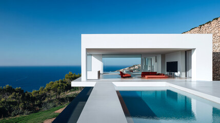 Fototapeta premium Modern coastal villa with infinity pool overlooking the ocean in bright sunlight