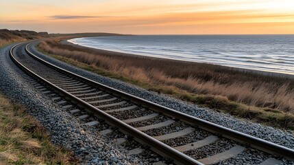 Fototapeta premium Serene Coastal Sunset Tranquil Evening with Rail Tracks Alongside Gentle Waves and Pastel Skies - A Peaceful Landscape for Nature Lovers
