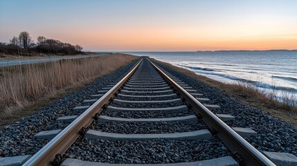 Fototapeta premium Tranquil Coastal Sunset with Rail Tracks and Gentle Waves - Serene Evening Scene of Pastel Skies and Windswept Grasses