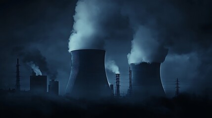 Mysterious Industrial Skyline of Power Plants Emitting Smoke at Night : Generative AI