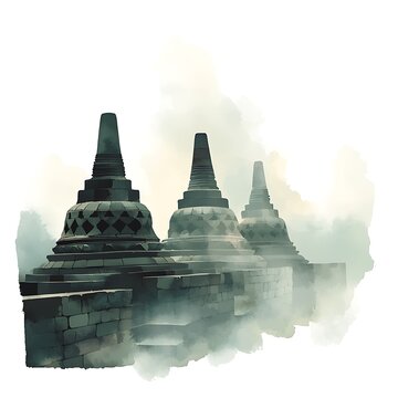 Watercolor Painting of Ancient Stupas in a Misty Landscape.