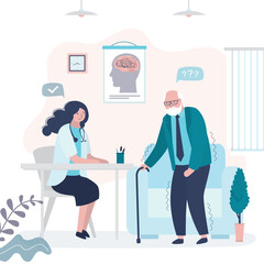 Parkinson's disease, dementia symptoms. Medical staff help patient with neurological disease. Aged man with brain activity problems. Age related changes. Elderly care.