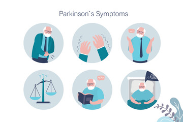 Medical poster Parkinson's disease. Senior with symptoms of the disease. Prevention. Sick old man. Infographic with medical icons, signs and Alzheimer's symptoms.