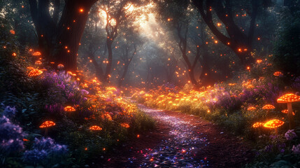 Magical Forest Path Lined with Glowing Mushrooms and Sparkles