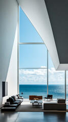 Fototapeta premium Modern coastal living room with expansive ocean views and natural light on a clear day