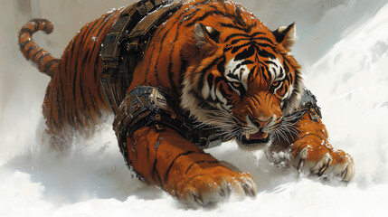 Obraz premium Cybernetic Tiger in Snowy Landscape