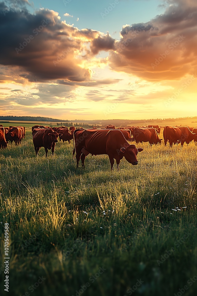Poster serene rural evening with sunlit cattle grazing in green fields : generative ai