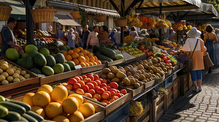Obraz premium Market fresh produce oranges tomatoes broccoli people shopping walking. AI generated