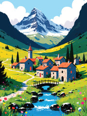 illustration of a tranquil italian mountain village nestled in the foothills of the alps, with snow-capped peaks, a clear blue stream, stone cottages, wildflowers, and winding footpaths