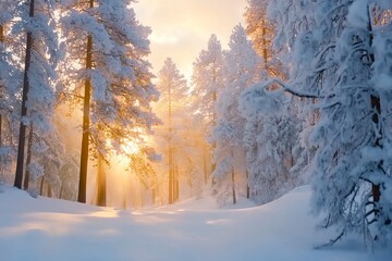 Snowy forest with tall pine trees covered in frost, illuminated by soft golden light