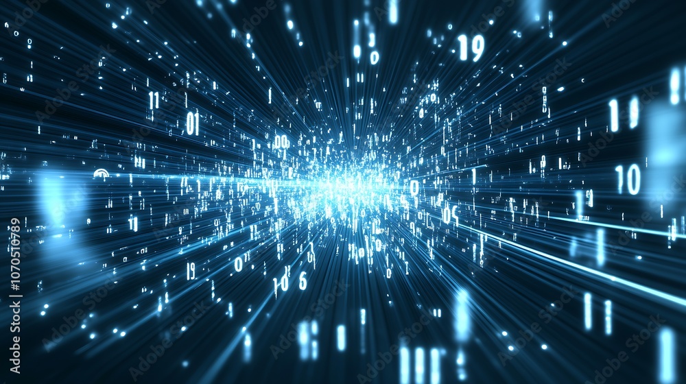 Poster Illuminated digital landscape with rapid binary data streams and vibrant light effects in cyberspace : Generative AI