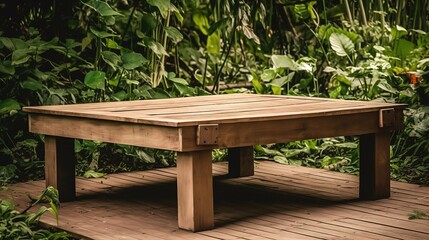 Fototapeta premium Wooden Table Surrounded by Lush Greenery