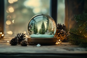 Snow globe with a miniature winter forest scene inside, placed on a wooden table surrounded by pinecones and fairy lights