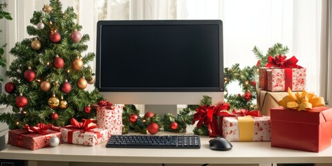 A festive office desk scene with a computer, decorations, and gifts.  There's a Christmas tree, baubles, a gift box, and a keyboard and mouse on a white wooden desk.